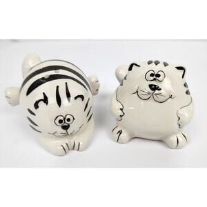 Pier 1 Cats Salt & Pepper Shakers Funny Fat Feline Black White Striped Set Of 2